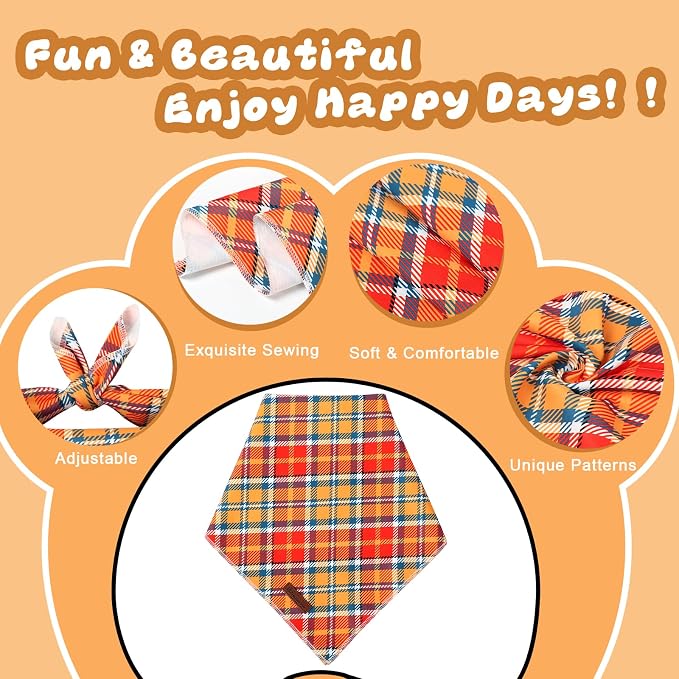 Fall Dog Bandana – Orange Yellow Plaid Triangle Scarf for Small Medium Large Dogs, Soft Cotton Pet Bib for Autumn Thanksgiving, Adjustable Dog Kerchief for Daily Fall Wear