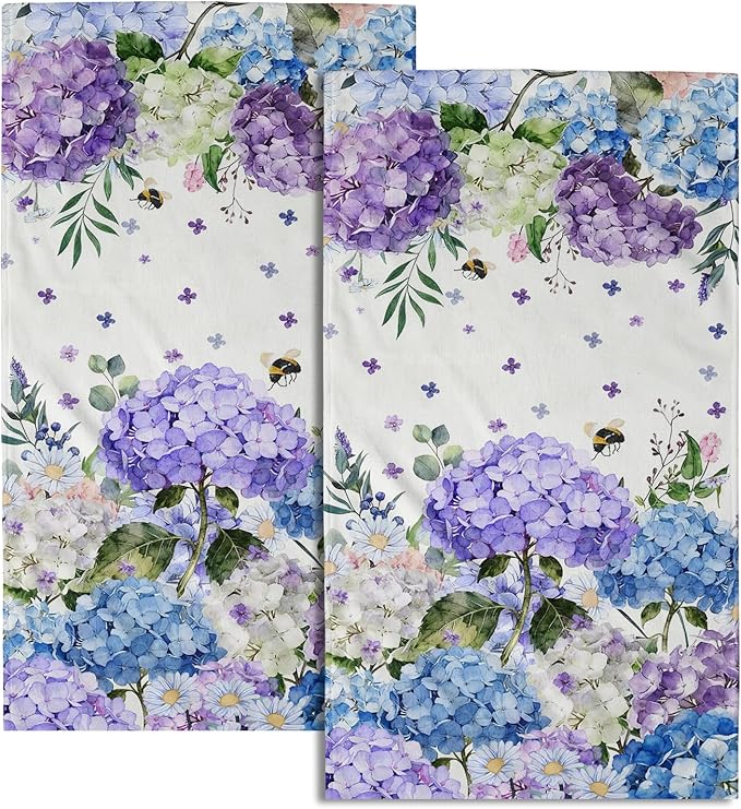 Giwawa Hydrangea Flowers Towel Set of 2 Blue Purple Watercolor Spring Summer Floral Bees Decorative Hand Towels Soft Microfiber Seasonal Face Towel Washcloth for Bathroom Guest Gym Spa Hotel