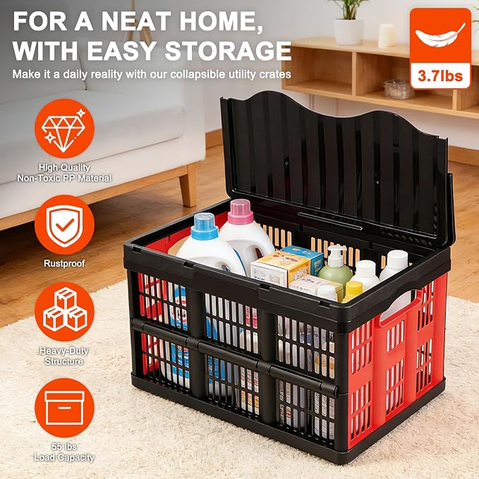 45L Collapsible Storage Bins with Lids, | 3 Packs Heavy Duty Foldable Storage Crates with Handles, 55 lbs Capacity, Storage Bins for Camping, Grocery & Outdoor