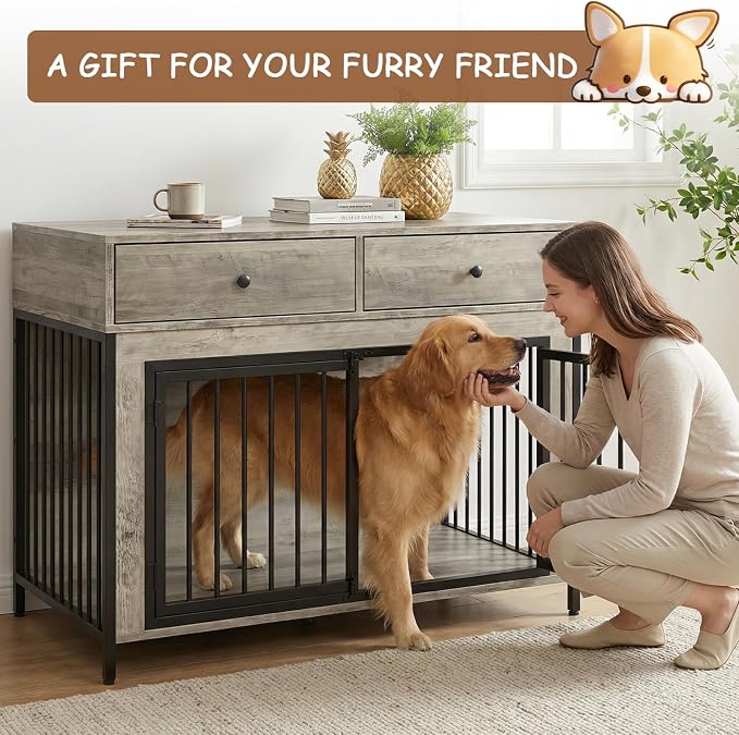 PUKAMI Large Dog Crate Furniture with 2 Drawers, 44 Inch Wooden Dog Kennel Indoor, Crate Furniture as Decorative End Table, Cage Furniture for Small Medium Large Dogs (New Grey, 2-Pack Set)