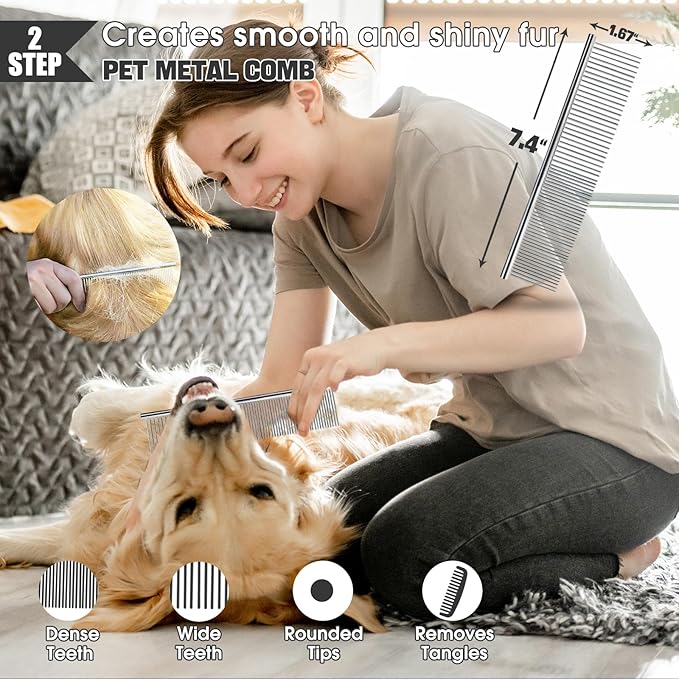 Bonteck Dog Slicker Brush for Dogs Grooming Kit 4PCS | Large Dog Brush for Goldendoodles Poodles Doodles | Long Pin Haired Brush | Poodle Brushes and Comb (Green)