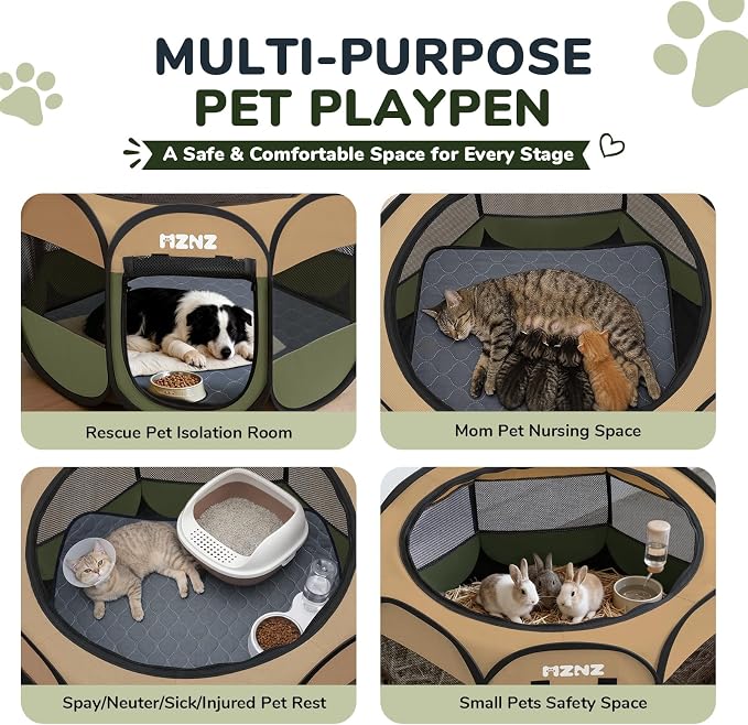 Dog Cat Small Animal Puppy Playpen with Pee Pad, Large, Olive Green | Portable Pop Up Pet Cage Enclosure Tent Kennel Indoor Outdoor with Carrying Case, No Assembly, Camping Use