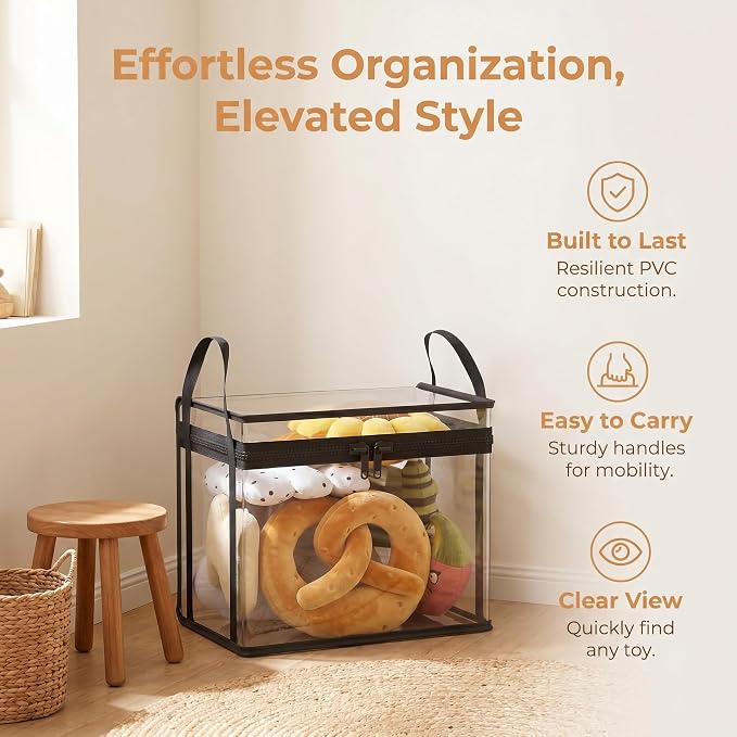 Stuffed Animal Storage Bin Toy Organizer Bag Clear Doll Display Container with Zipper Handle Made from PVC Suitable for Living Room Nurs, Black
