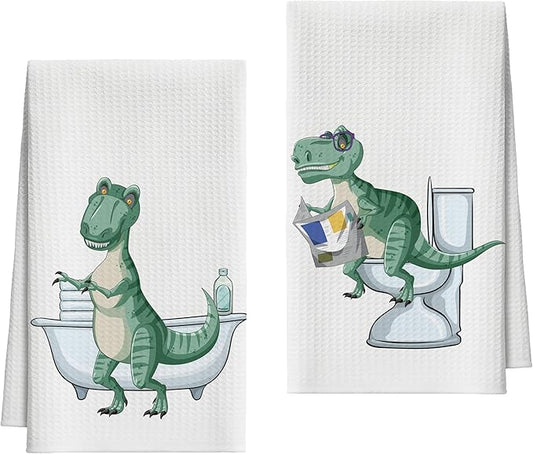 Bath Towels Set of 2, Dinosaur Dish Towel for Bathroom Spa Washroom, Cute Animals Fast Drying Decorative Hand Towels, Funny Housewarming for Dinosaur Lovers Women Mom -05