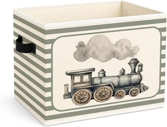 Train Storage Bin, Foldable Fabric Basket for Bedroom Nursery | Foldable fabric storage bin with vintage train design for toys, books, clothes, nursery, bedroom, and playroom organization.