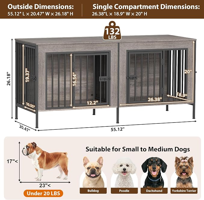 EasyCom 55" Wooden Double Dog Crate Furniture, Removable Divider, Oak Grey | Raised Legs, For 1–2 Small to Medium Dogs, Multiuse TV, Plant & Display Stand