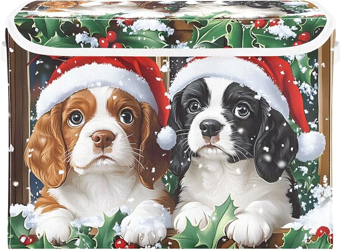 Fabric Storage Bins with Lid Christmas Dog Closet Storage Basket 40L | Decorative Storage Boxes, Foldable & Stackable, Dust-Proof Flip Top, Reinforced Handles, For Home & Dorm, Clothes & Toy Box