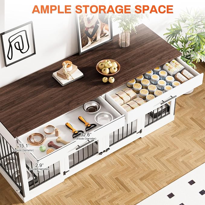 Rophefx 72" Double Dog Crate Furniture with Drawers and Divider, White | Wooden dog kennel for 2 medium dogs with 2 drawers, removable divider, 4 bowls and TV stand top