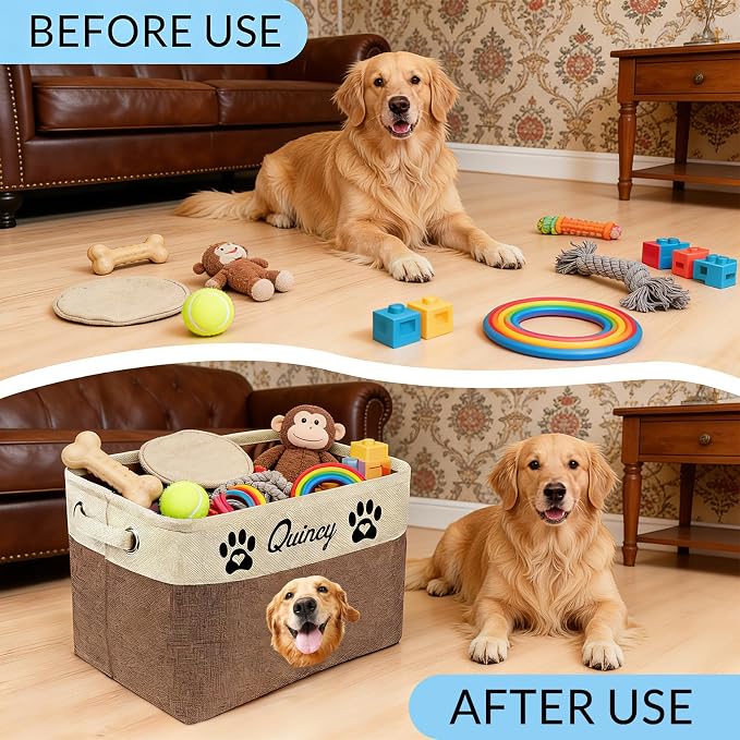 Personalized Dog Toy Storage Basket Custom Pet Storage Bins with Name Photo Collapsible Organizer Box Customized Baby Basket Container for Dolls Toys Coats Clothing Blue
