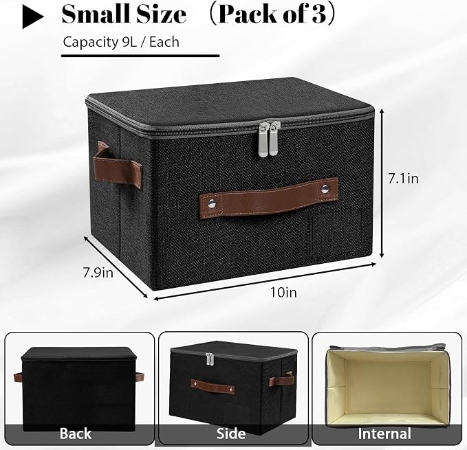 ANMINY Small Storage Box Fabric Bins with Zipper Lid, 10"x8"x7" Black 3PCS | Keepsake Box, Decorative, Cotton Linen, Reinforced PP Board Frame, Washable, Stackable & Foldable, Label Holder & PU Handles