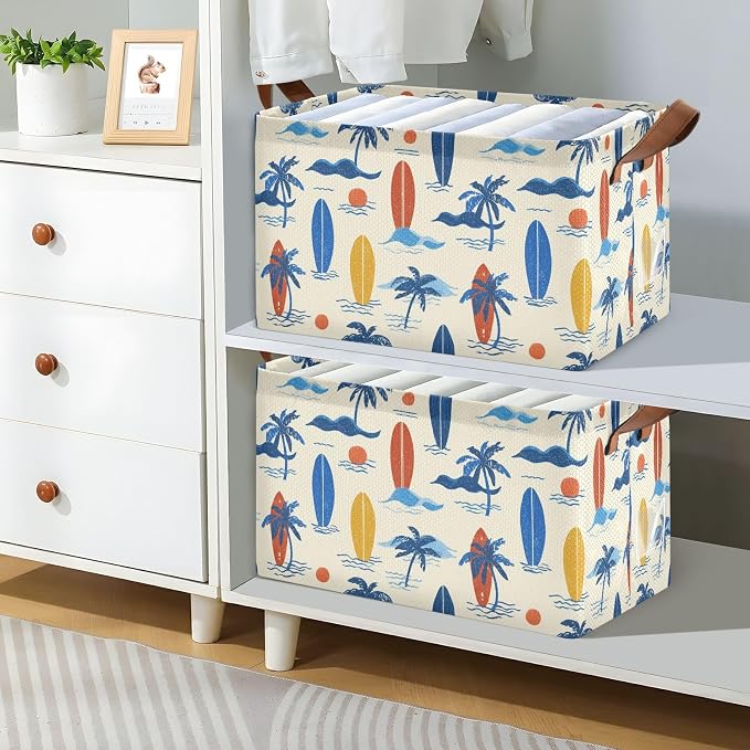 Hawaii Palm Tree and Retro Surfboard Storage Basket Foldable Cube Storage Bins with Handles&Label Collapsible Organizer Box Bin Large Rectangle Decorative Baskets for Shelves Home Room Laundry-2 Pack