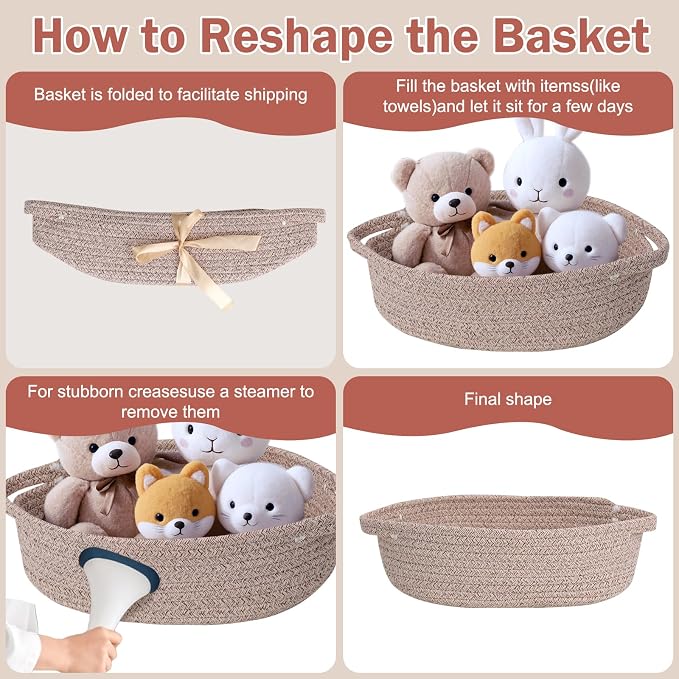 Small Basket with Gift Bags and Ribbons，Small Woven Basket Cute Oval Cotton Rope Gifts with Handle Empty Baby Wicker Storage Basket for Baby Showers Pet Toy Bin (Brown, 3 Pack (12"x 8"x 3.74"))