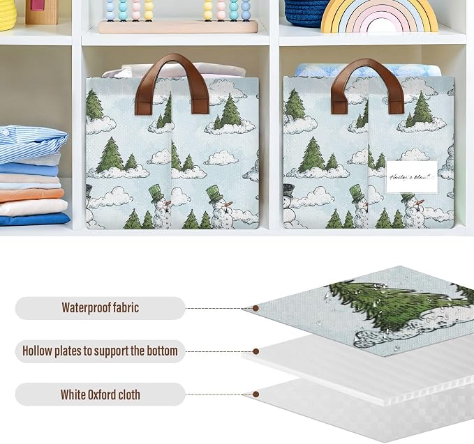 Winter Winter Tree and Snowmen Storage Basket Foldable Cube Storage Bins with Handles&Label Waterproof Organizer Box Bin Large Rectangle Decorative Baskets for Shelves Home Room Laundry 2 Pack
