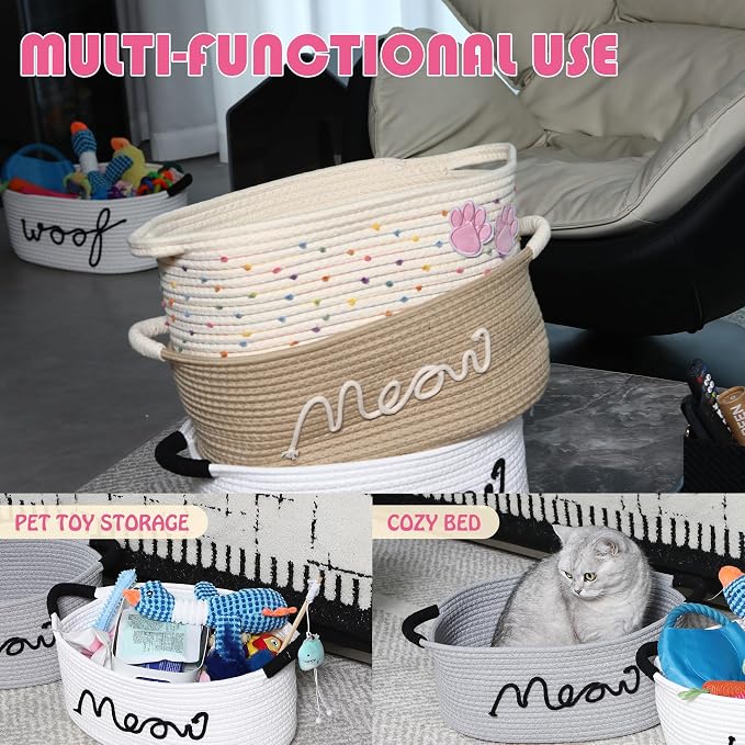 Sea Team Pet Toy Basket with Handles for Cats and Dogs, Rainbow Paw | Large Cotton Rope Storage Bin, Shelf Basket, Organizer for Pet Chew Toys, Foods, 16.5 x 11 x 7 Inches, 4.4 Gallons