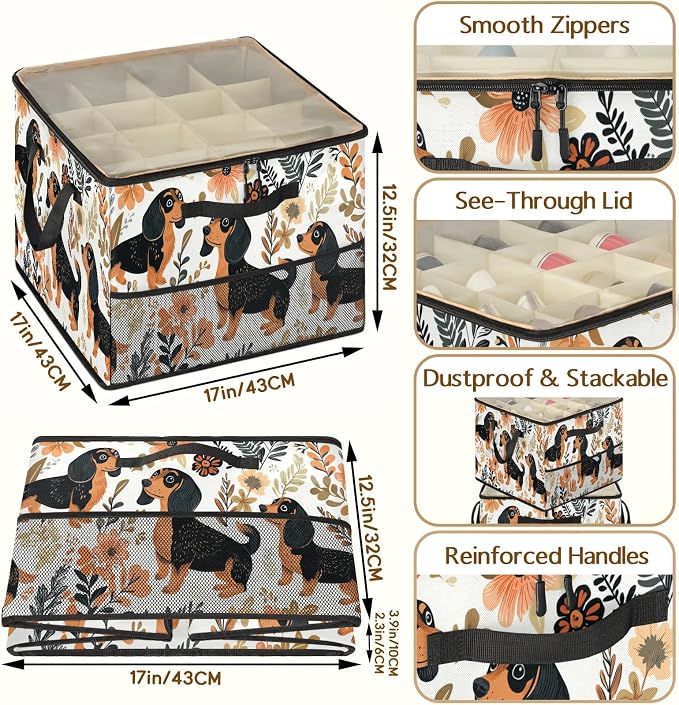 TropicalLife Funny Dog Shoe Organizer for Closet | Spring Floral Foldable Shoe Storage Organizer Box Bin with Adjustable Dividers and Clear Cover, Fits up to 16-32 Pairs