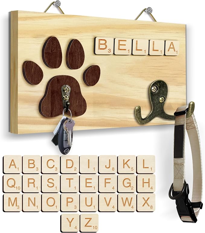 Dog Leash Holder Wall Mount, Pet Harness Hanger with Scrabble Letters, Dog Collar Organizer for Entryway, Cat Leash Key Holder for Wall, Pet Memorial Loss Gifts, Home Decor PF218-N