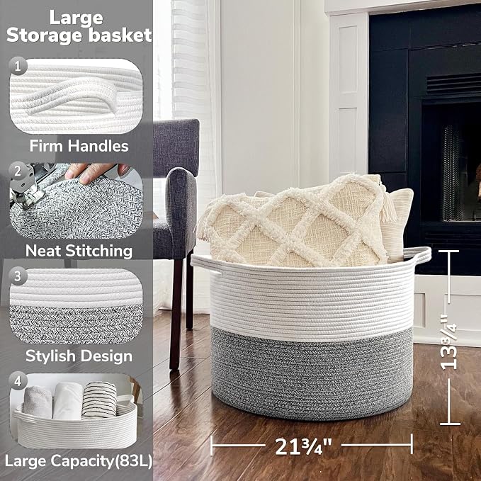 Goodpick Woven Blanket Basket Living Room, Toy Bin for Playroom, 85L | 21.7 x 21.7 x 13.8 In Toy Storage Basket for Nursery, Baby Laundry Hamper for Towels, Clothes, Light & Grey