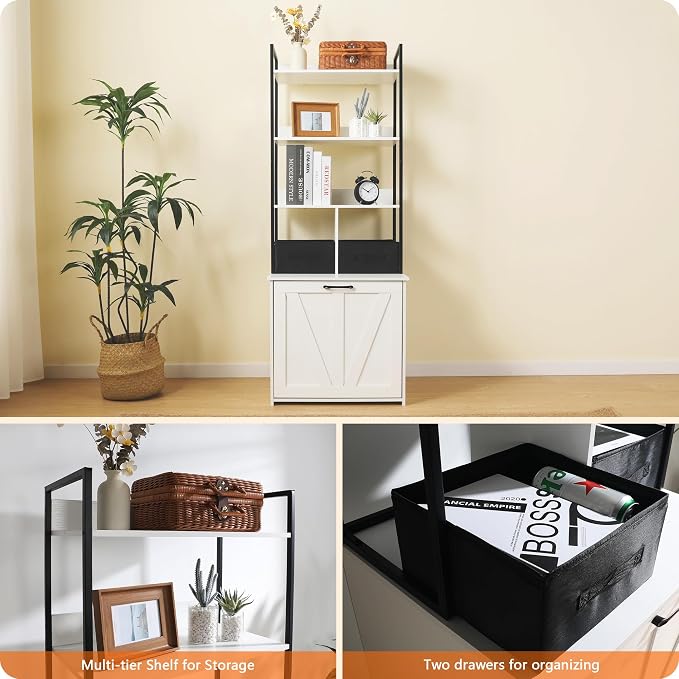 Dwanton Cat Litter Box Enclosure, 3 Storage Shelves and 2 Drawers, 61.8" H | 2-in-1 Hidden Cat Litter Box Enclosure Furniture with Shelf, Metal Frame, Reversible Entrance, Washable Drawers, White