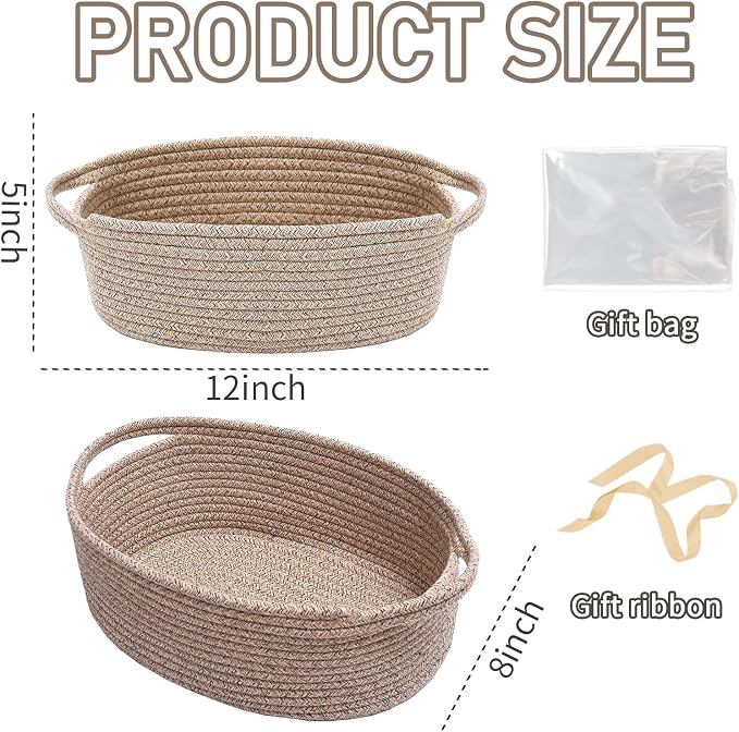 JMvicyroam Small Woven Basket, Empty Gift Basket, Oatmeal/2 Pack | Small Gift Basket, Cotton Rope, 12 x 8 x 13 in, Handles, Includes Ribbon and Bag, Birthday Gift Basket