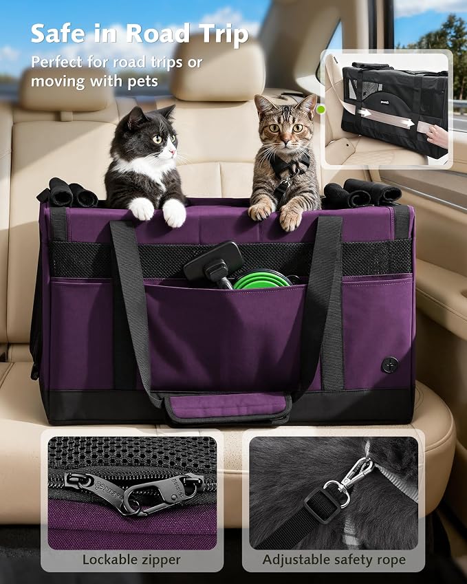 Pecute Cat Carrier, Soft Double Pet Crate for 2 Cats Travel, Purple | Anti-Collapse Steel Frame, Convertible Dual Space, Foldable, Polyester Breathable mesh, Up to 26 lbs, Car Travel & Vet Visits