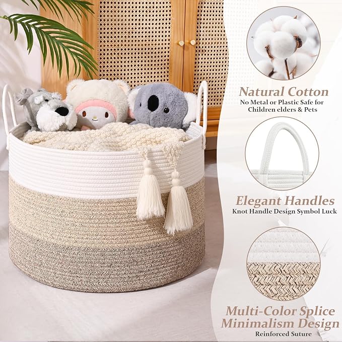 67L Large Woven Blanket Basket, Cotton Rope Baby Laundry Hamper with Handles, Kids Toy Basket for Classroom & Nursery, Soft Round Stuffed Animal Storage, Dog Toy Bin - 20"x13", Jute