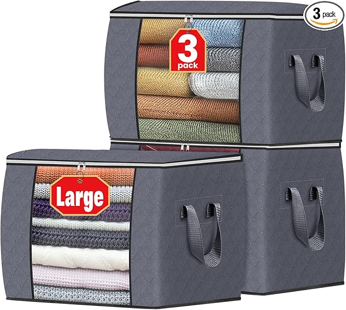 90L Clothes Storage, Foldable Thick Fabric Blanket Storage Bags | Foldable Containers with Zippers,Window and Handles for Organizing Bedroom, Closet, Comforter, Bedding,Dorm essentials