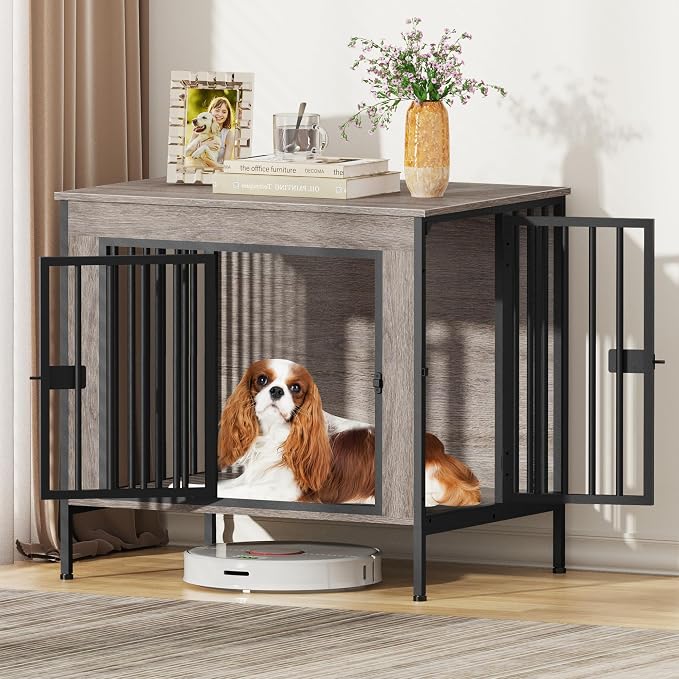 EasyCom 28.15" Dog Crate Furniture for 1 or 2 Dogs, Oak Grey | Fits Dogs 0–20 lbs, Heavy Duty Indoor Kennel, Multiuse TV Stand for Small Dog