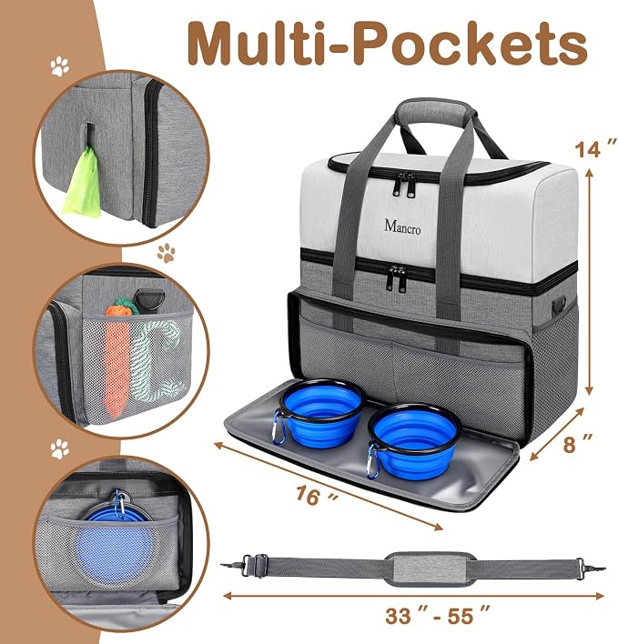 Mancro Dual Layers Dog Travel Bag, Dog Mom Gifts, Road Trip Essentials | Pet Travel Bags with 2 Extra Large Food Containers, 2 Collapsible Dog Bowls, Multi-Pockets Tote Organizer for Pet Supplies