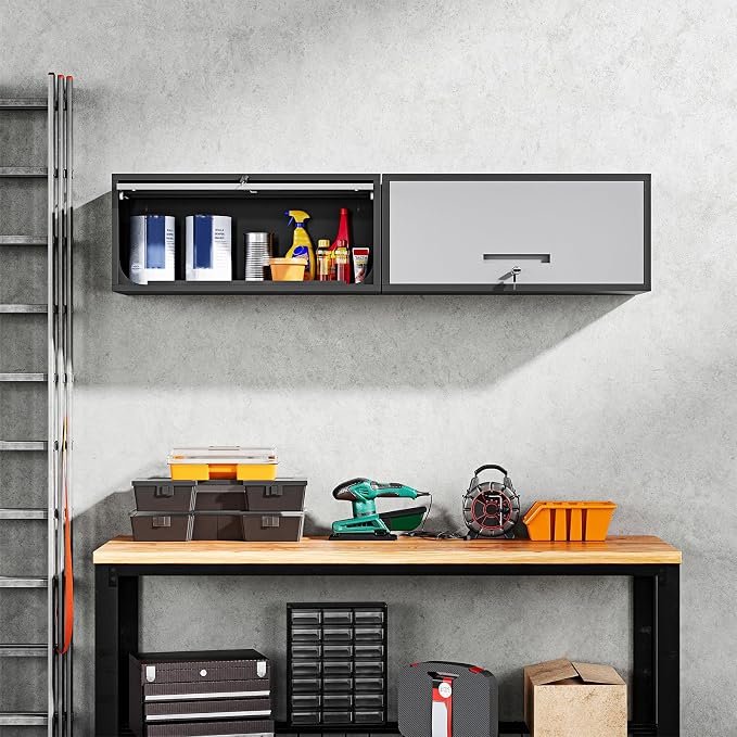 Metal Garage Wall Cabinet with Doors, Wall Mounted Metal Storage Cabinet, Floating Garage Tool Cabinet for Garage, Basement, Kitchen, Warehouse (Black Gray, 13.7" H)