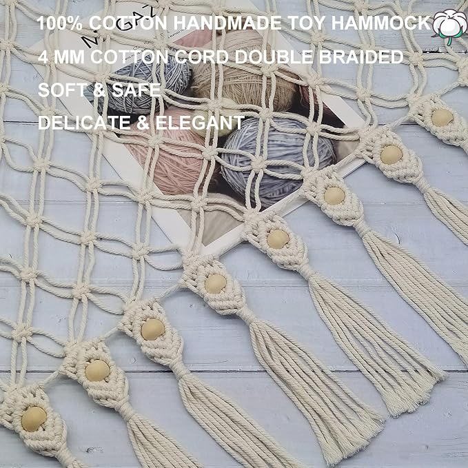 Large Stuffed Animal Net or Hammock, Boho Macrame Toy Hammock with LED Lights, Decorate Room Space Saving Pet Net for Stuffed Animals, Suitable for Nursery, Playroom, Kids Bedroom