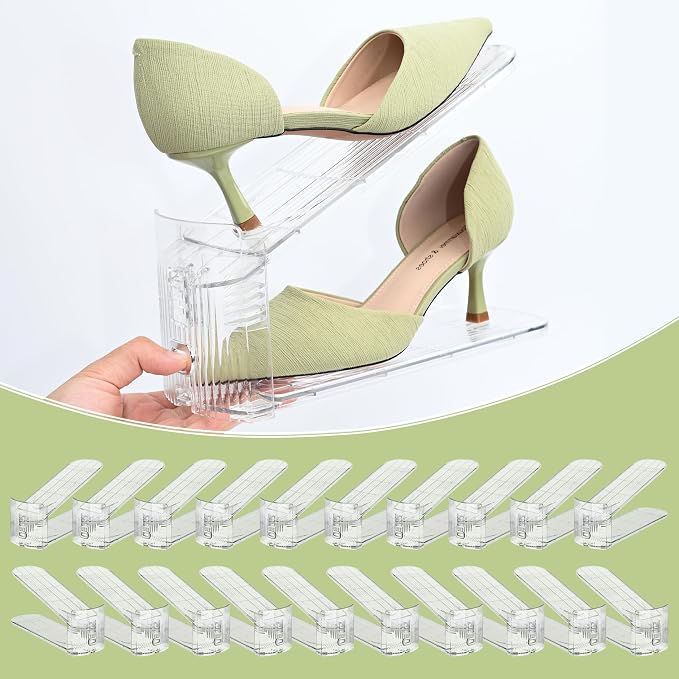 20-Pack Adjustable Shoe Slots Organizer for Closet, Clear | 20 transparent PET shoe stackers organize up to 20 pairs; 3 adjustable height levels for sneakers, heels, and flats.
