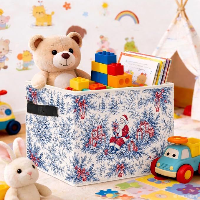 Blue Santa Toile Storage Bin, Christmas Organizer | Blue toile Santa storage bin with gifts, bows, pine branches, and ornaments for holiday toys, books, clothes, and shelves.
