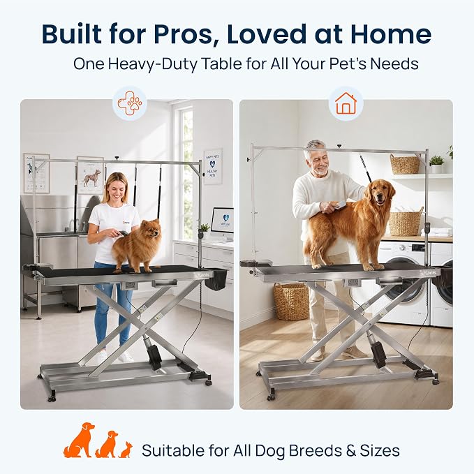 60" Professional Electric Dog Grooming Table, 304 Steel, Heavy Duty | Adjustable Table for Pet Grooming, 10-40in Quiet Lift, Grooming Arm, AC/USB Power Hub, Anti-Slip Surface, Leveling Wheels