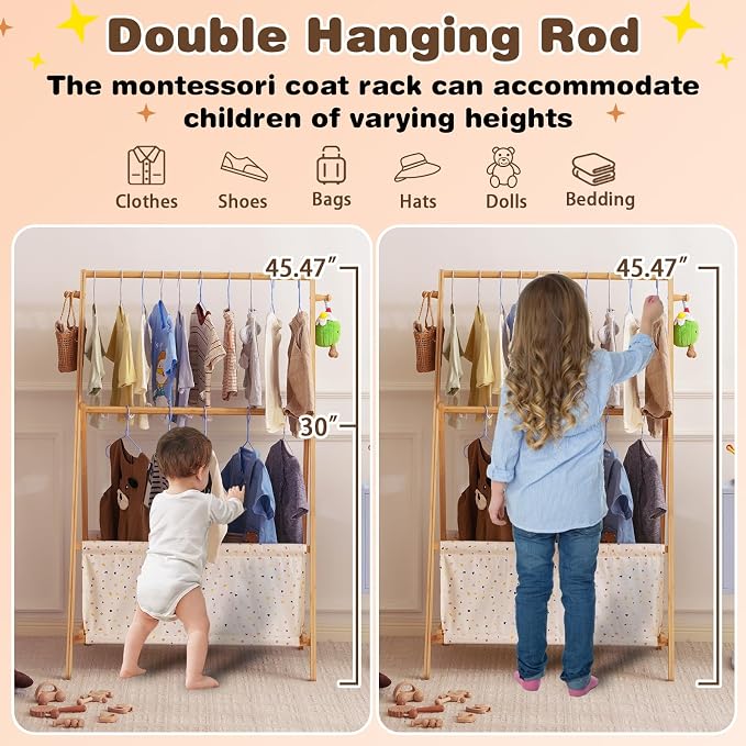 Baveke Kids Clothing Rrack- Kids Dress Up Rack for Little Girls, FSC-Certified Bamboo Kids Clothes Rack, Toddler Dress Up Storage Rack & Folding Costume Rack, Double Rods, Pets Clothes Rack, Spot
