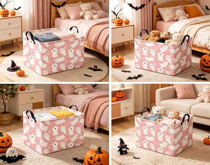 Halloween Basket Cute Baskets for Kids Pumpkin Basket Rectangular Storage Bin Organizer Box Room Decor(Pink Singing Ghost)
