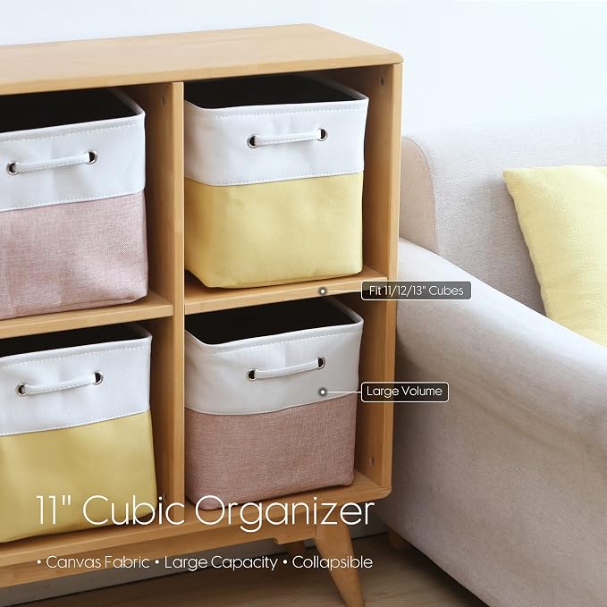 Sea Team Open-Top Canvas Storage Cubes with Handles, 11-Inch, 3-Pack | Collapsible Storage Bins, Fabric Baskets, Closet Shelf Organizers for Home and Office, Yellow & White