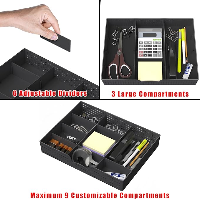 Simple Houseware Drawer Organizer Tray, 9 Adjustable Compartments, Black | For Office, Makeup, and Craft Drawer or Desktop Storage