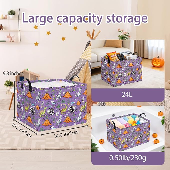 NTAO Gift Storage Basket Empty for Halloween, Storage Bin with Handles, Room Decor, Book Box(Halloween Dinosaurs)