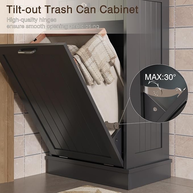 KIGOTY Tilt Out Trash Can Cabinet, Laundry Hamper Cabinet, Kitchen, Black