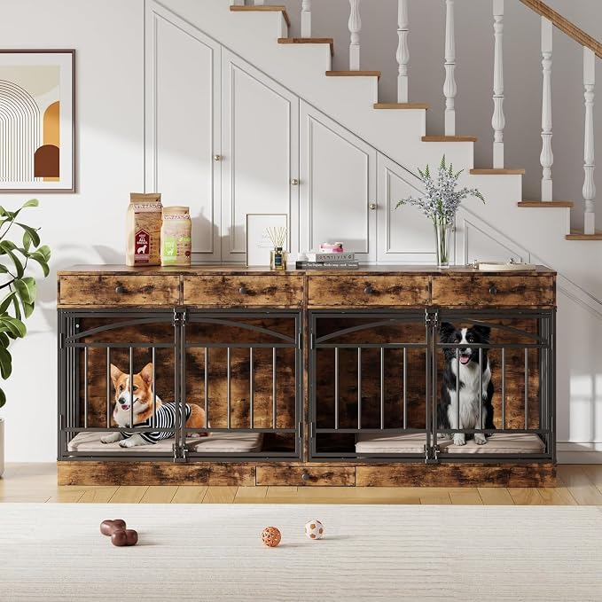 Dog Crate Furniture for 2 Dogs, Double Dog Crate TV Stand, Brown | 78.7'' Large Dog Kennel Indoor, 4 Storage Drawers and Feeding Bowls, Pet Kennel for Small and Medium Dogs