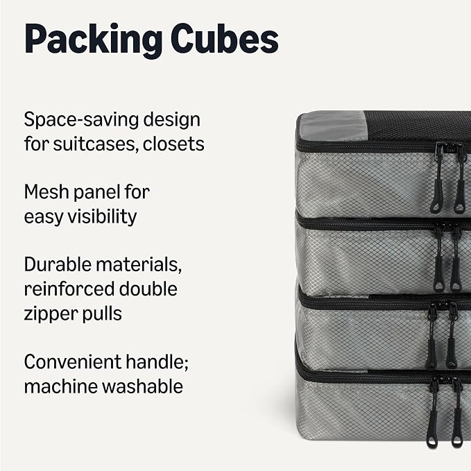 Amazon Essentials 4-Piece Packing Cubes Travel Accessories Set, Space-Saving Luggage Organizer with Double Zipper, Mesh Top, Small, Gray (Previously Amazon Basics)