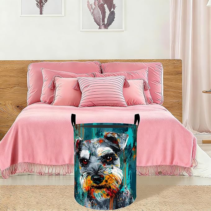 Colorful Schnauzer Dog Laundry Basket Hamper 19.7"x15.8", Organizer Bins Gifts for Women Men Adults, Pet Foldable Waterproof Oxford Clothes Storage Bucket for Bedroom Bathroom Decor