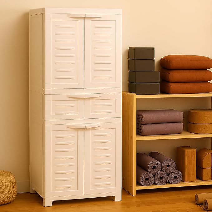 Sunnydaze 57" Garage Storage Cabinet with Doors & Shelves, Speckled White | Heavy Duty Resin Storage Cabinet Resists Rust & Peeling, Utility Cabinet with Drawer & Anti-Tip Kit for Laundry, Office