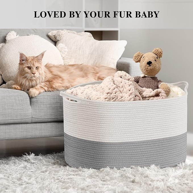 XXXLarge Blanket Basket Living Room - 22" x 22" x 14" Cotton Rope Baskets for Storage - Large Woven Basket for Toys, Towels, Pillows, Clothes- Rope Laundry Basket with Handles - Nursery Hamper Bin