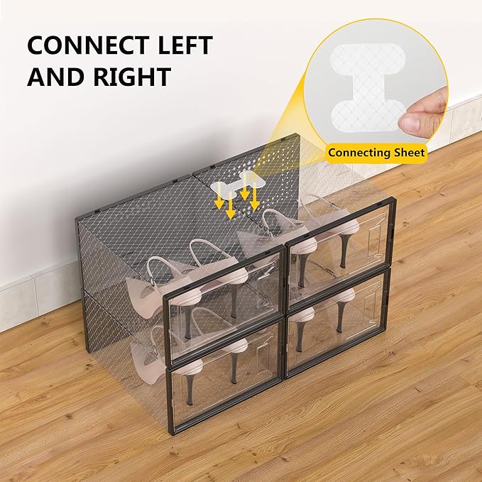 12 Pack XX-Large Stackable Clear Plastic Shoe Storage Box Organizer, Black | Easy to Assemble and Stack, Fit Size 11, Ventilated Dust-Proof, For Sneaker, Closet, Entryway, Under Bed, Replace Shoe Rack