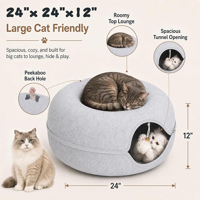 Felt Cat Tunnel for Large Indoor Cats, 24" x 24" x 12" Peekaboo Cave Bed | Light Grey 24" x 24" x 12" sturdy 1300g felt cave with 7" entrance, rear peek hole, large zipper and hanging ball.