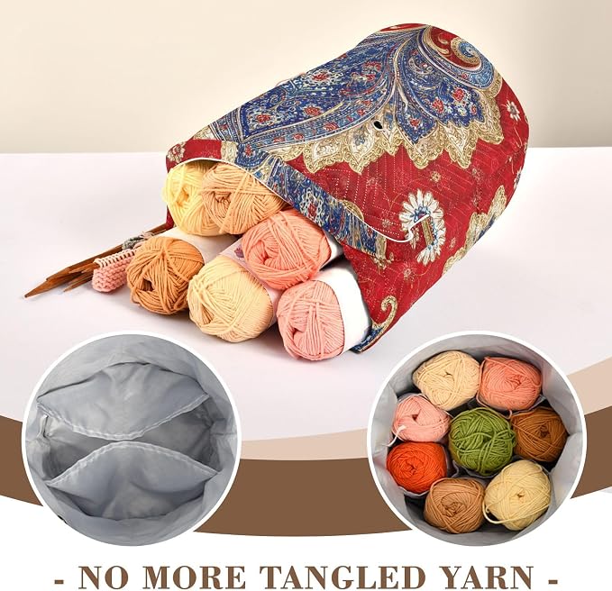 Tatenale Crochet Bag Yarn Bag Knitting Project Bag with Pockets and Handle Portable Yarn Storage Organizer Tangle Free 8.3x11 InchRed Vintage Paisley29