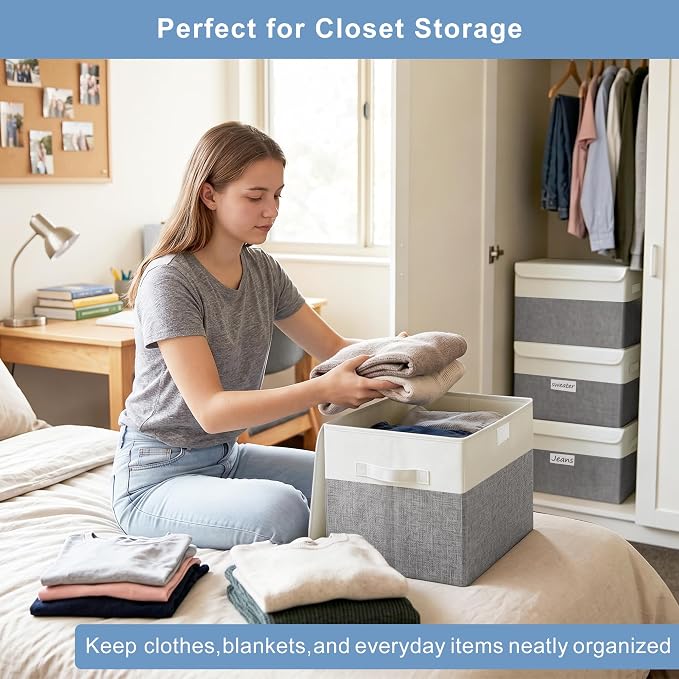 Large 22 Quart Linen Fabric Foldable Storage Bin Cube Organizer Basket with Flip-Top Lid & Handles, Clothes Blanket Box for Home, Office, Closet, Gray & White, 4 Pack 14.6 x 9.5 x 9.5”