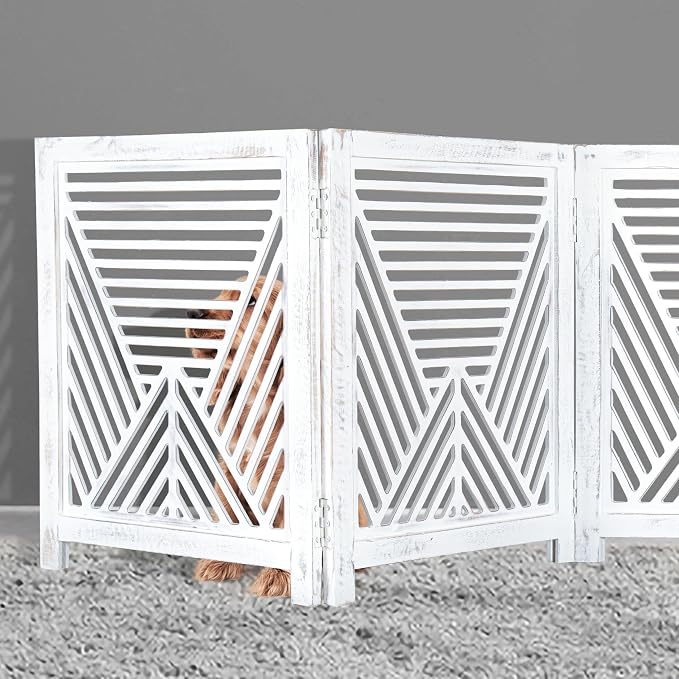 Lightnpro 3‑Panel Wooden Dog Gate – Antique White Foldable Freestanding Pet Barrier, Extra‑Wide Indoor Safety Fence for Small Dogs & Puppies – 24x54 Inch Decorative Finish