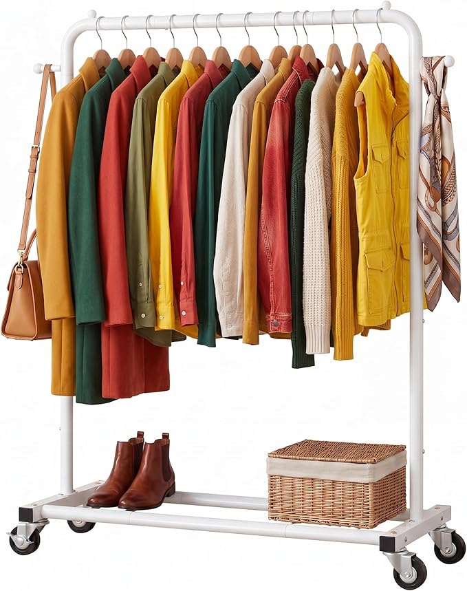 Sywhitta Metal Clothing Rack on Wheels with Bottom Shelf, for Clothes,White | Rolling Garment Rack for Hanging Clothes, Coats, Skirts, 39.76" L x 16" W x 63.78" H,Space-Saving Mobile Organizer for Closet